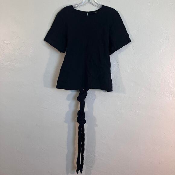 Vintage Black Short-Sleeve Top with Knotted‎ Hem Detail - Picture 1 of 5
